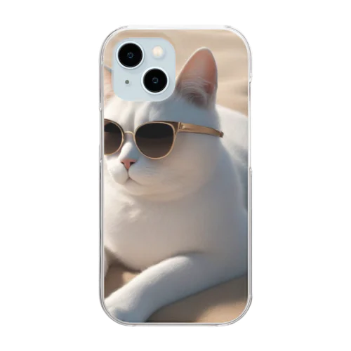 ビーチで波の音を聴きながらサングラスをかけた猫 Clear Smartphone Case