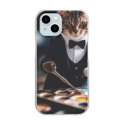 一匹の個性的な猫が絵筆を握っています Clear Smartphone Case