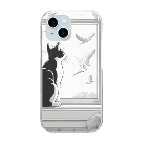 窓辺で鳥を見つめている猫 Clear Smartphone Case