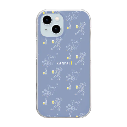 名画 × BEER（鳥獣戯画）白線画-pattern-ブルーグレー Clear Smartphone Case