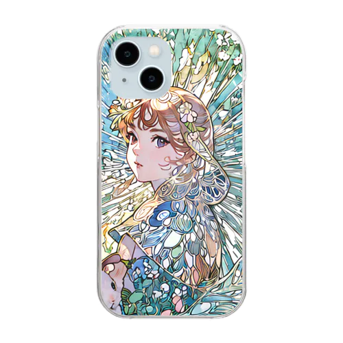 森で小動物と佇む少女（ミュシャ風） Clear Smartphone Case