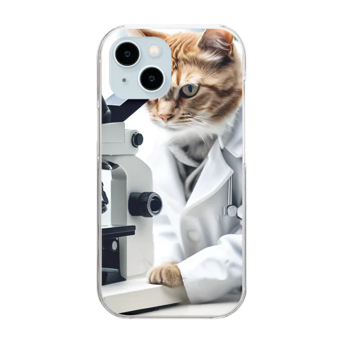 顕微鏡を覗き込む白衣を着た猫 Clear Smartphone Case