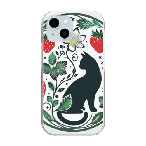 Strawberry field and black cat Clear Smartphone Case