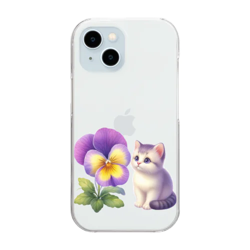 猫とパンジー Clear Smartphone Case