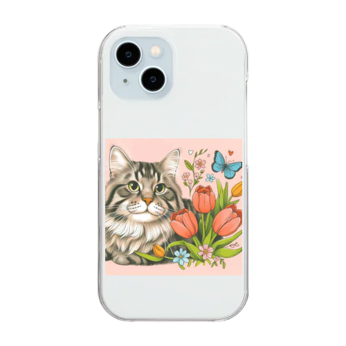 猫とチューリップ Clear Smartphone Case