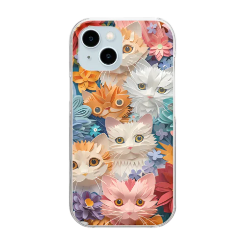 かわいい猫ちゃんたちが3Dの紙細工のように立体的に描かれたアート Clear Smartphone Case