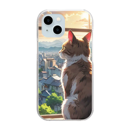 窓から外の景色を眺めている猫 Clear Smartphone Case