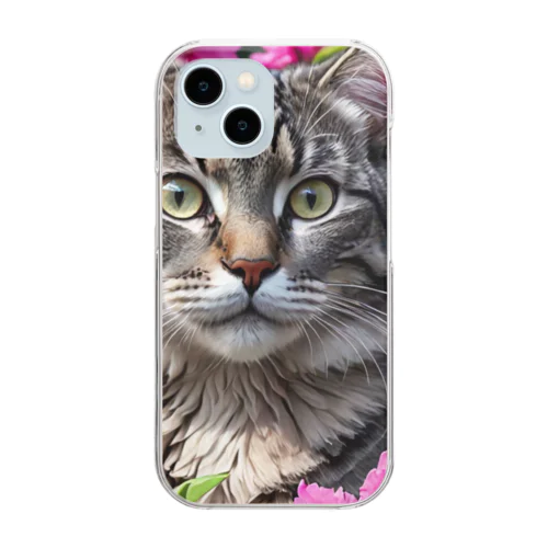 色鮮やかなシャクナゲと猫 Clear Smartphone Case