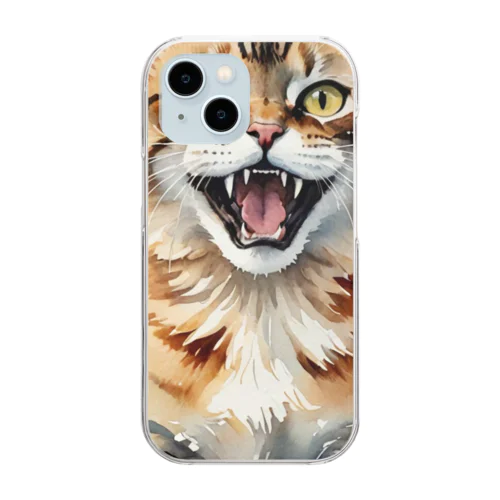 怒った猫の表情が鮮やかに描かれた水彩画 Clear Smartphone Case