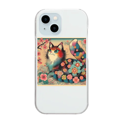 浮世絵風　カラフル猫「Ukiyo-e-style Colorful Cat」「浮世绘风格的多彩猫」 Clear Smartphone Case