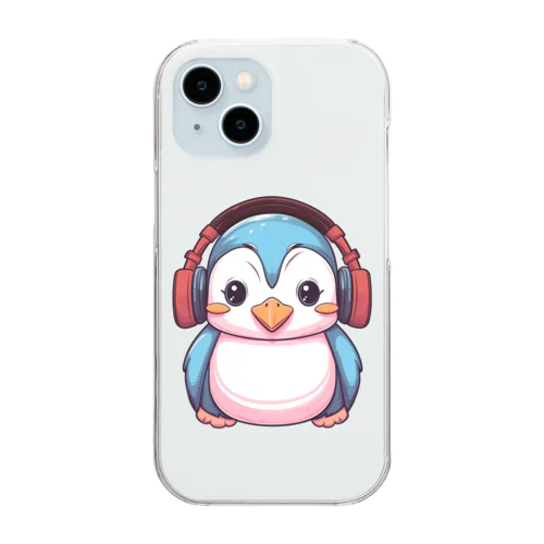 赤いヘッドホンを付けているペンギン Clear Smartphone Case