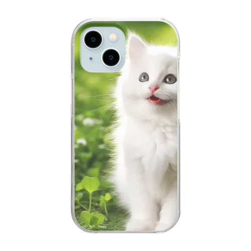 笑ってる可愛い白い猫 Clear Smartphone Case