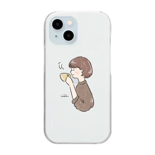 ほっとひと息つく女の子　カフェ　ブラウン Clear Smartphone Case