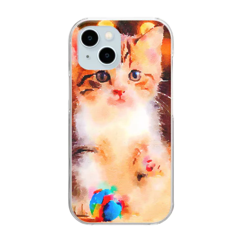 猫の水彩画/キジシロねこのイラスト/おもちゃで遊ぶキジ白ネコ Clear Smartphone Case