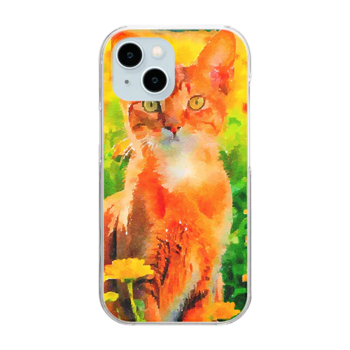 猫の水彩画/花畑のアビシニアンねこのイラスト/茶トラネコ Clear Smartphone Case