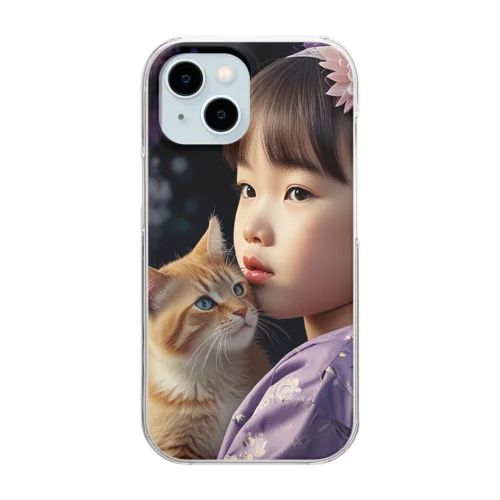 着物の少女と猫 紫 Clear Smartphone Case