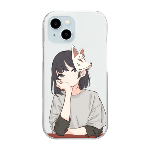 肘つき狐面少女 Clear Smartphone Case