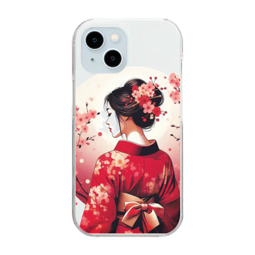 桜を散らした着物美人イラスト Clear Smartphone Case