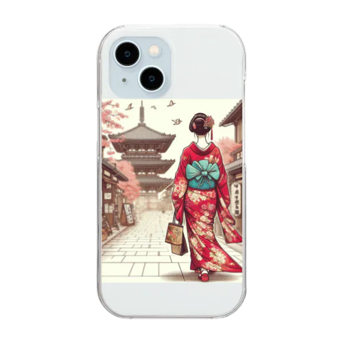 京都を歩く着物美人イラスト Clear Smartphone Case