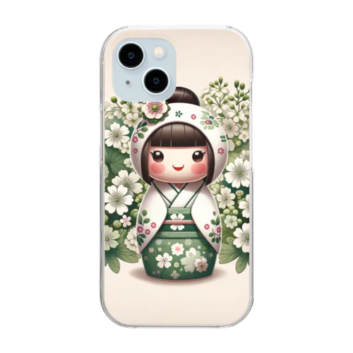 kokeshi dolls白い花 Clear Smartphone Case