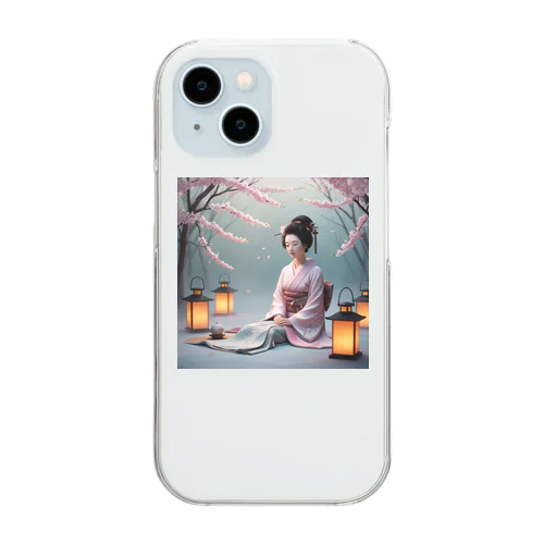 着物女性と桜 Clear Smartphone Case