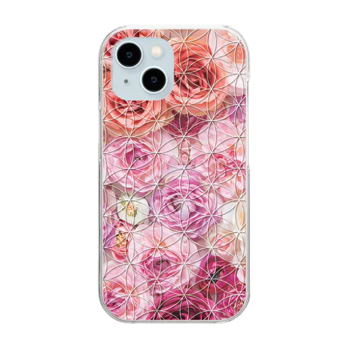フラワーオブライフ【幸運、運気アップ】iPhoneケース、バラ柄、鮮やかなピンク花柄 Clear Smartphone Case