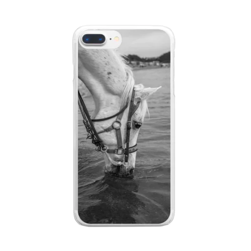 白い馬　ビーチ　白黒写真 Clear Smartphone Case