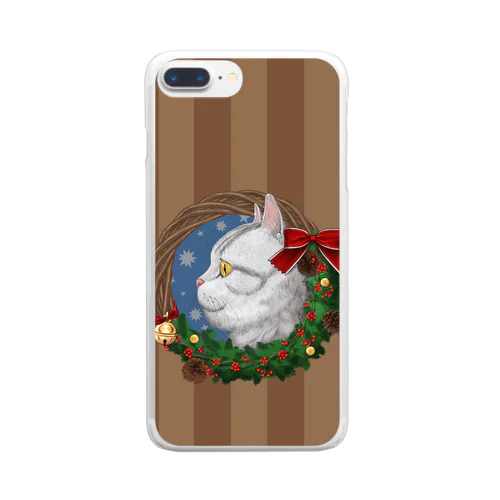 クリスマスリースと猫　ブラウン Clear Smartphone Case