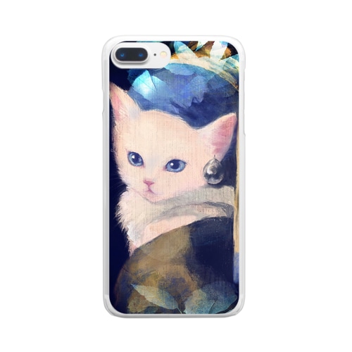フェルメール真珠の耳飾りの白猫 Clear Smartphone Case