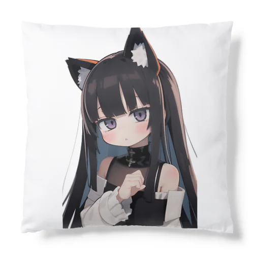 長い黒髪の愛らしい獣耳の少女 Cushion