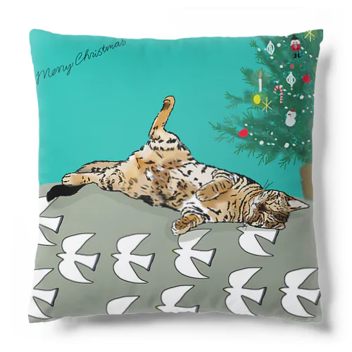 メリークリスマス 猫と鳥とクリスマスツリー グリーン クッション