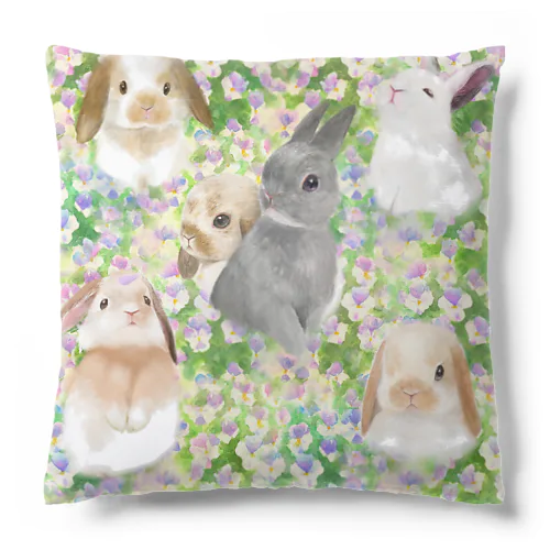 パンジーのお花畑とかわいいうさぎたちのシームレスパターンイラスト Cushion