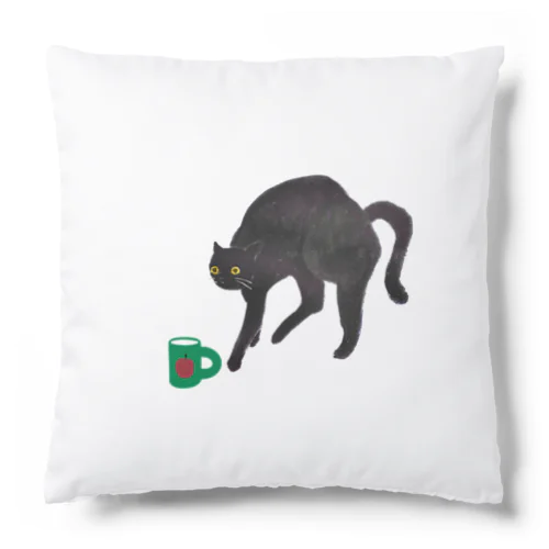 Black cat and green cup Cushion