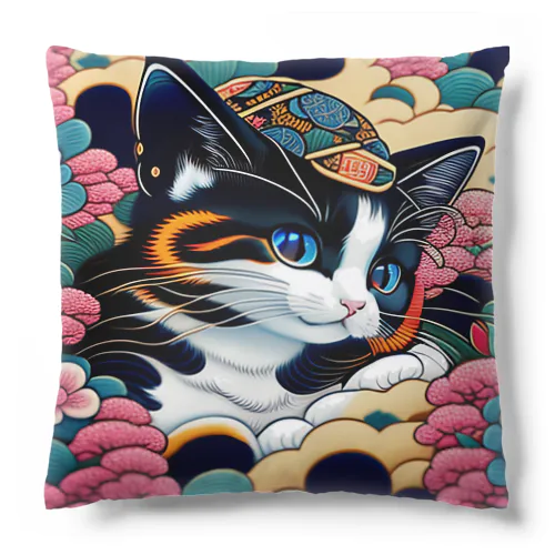 葛飾猫斎　猫名黒雪　浮世絵lofiアートパンクシティ　かわいいねこ Cushion