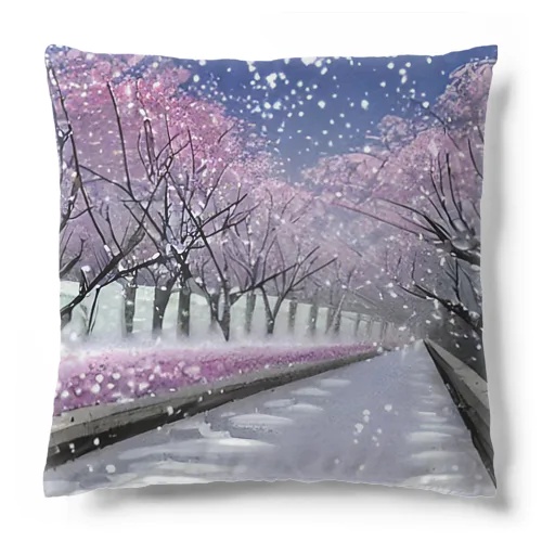 夜の桜並木に雪 Cushion