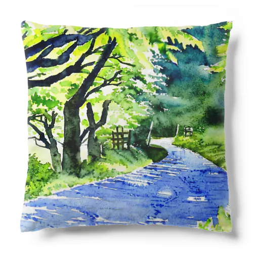 水彩画風新緑の川1 Cushion
