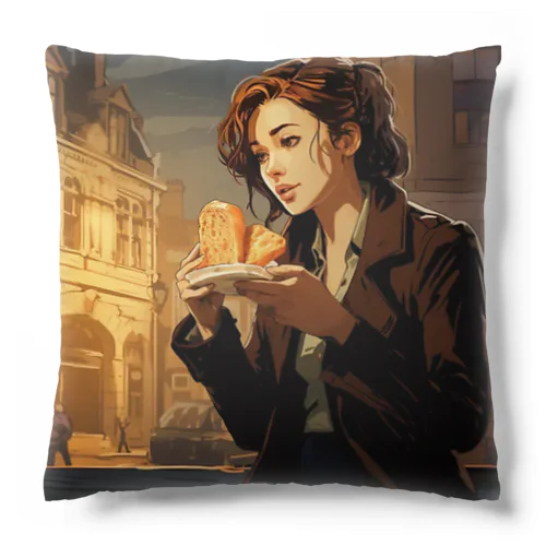 ロンドンでフランスパンを持つ女性 Cushion