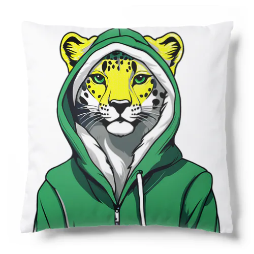 A leopard wearing a hoodie Cushion