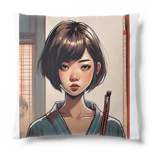 おかっぱ頭のミステリアスな女性画家 Cushion