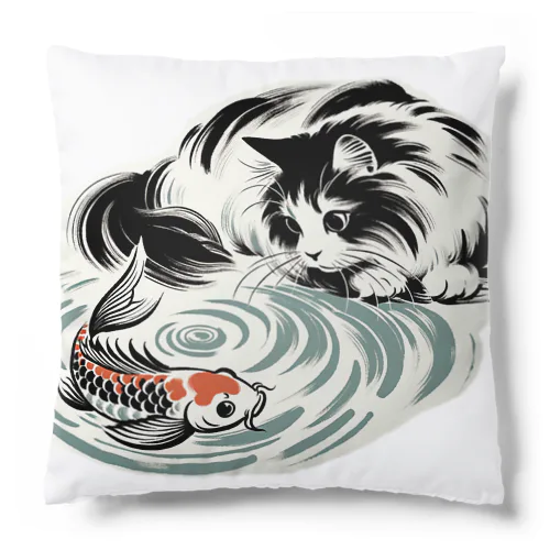 猫と鯉（水墨画風） Cushion