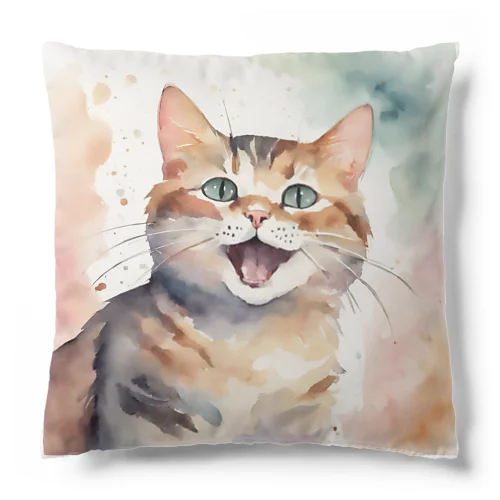 癒される幸せそうな猫の水彩画　A soothing and happy cat watercolor painting. クッション