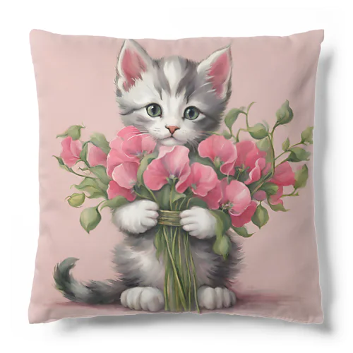 スイートピーと猫　1月の誕生花 Cushion