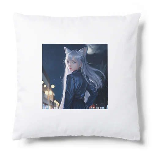 「深夜の邂逅：猫耳の不思議な出会い」 Cushion