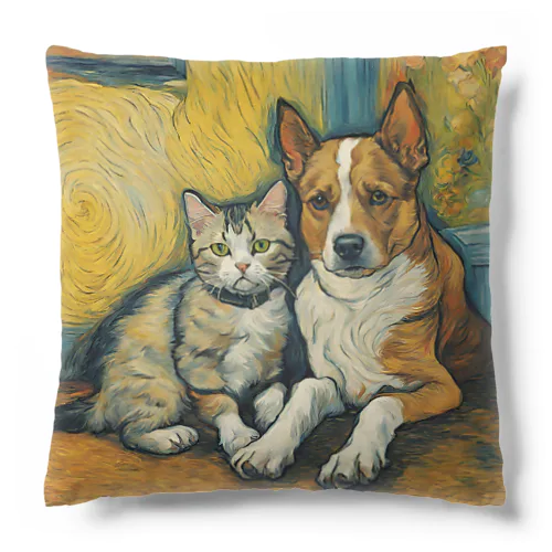 ゴッホが描いたような仲良しの猫と犬 Cushion