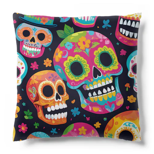 メキシコ伝統モチーフのカラフルスカル Cushion