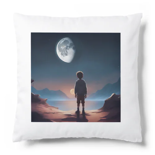 月を眺める少年が描かれた美しい風景です。 クッション