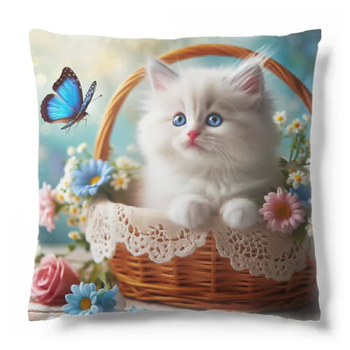 「青い蝶々を見つめる白猫」 Cushion