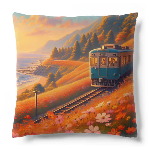 秋の夕焼けと列車 Cushion