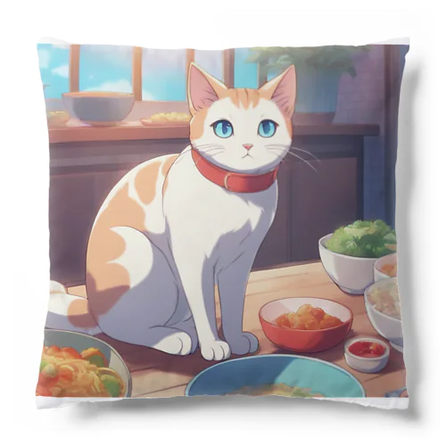 ご飯の前で座り込む仕草の猫 Cushion