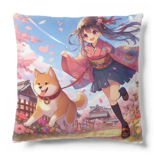 桜の中を犬と走る女の子 Cushion